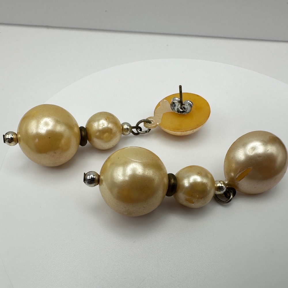 Vintage 80s Faux Pearl Drop Earrings Cream Graduated Bead Statement Dangle Retro - Picture 11 of 12